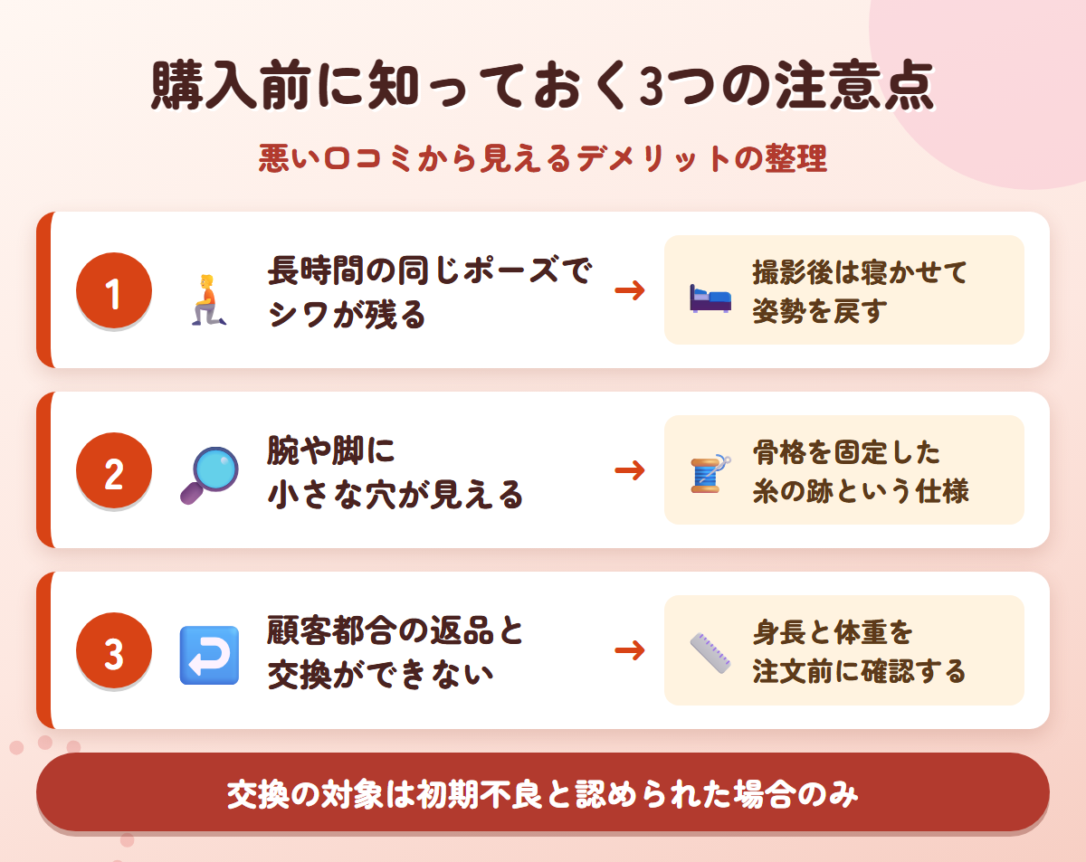IrokeBijinの悪い口コミから見えるシワ・穴・返品不可の3つの注意点と対策の図解