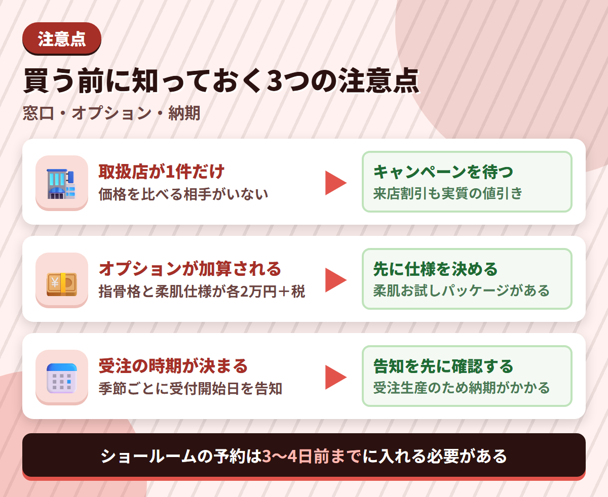 4woodsの注意点である取扱店1件・オプションの加算・受注時期の制約と、その対策を並べた図解