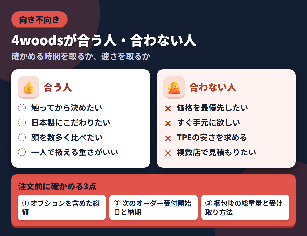4woodsが合う人と合わない人の条件を左右に対比し、注文前に確かめる3点を添えた図解
