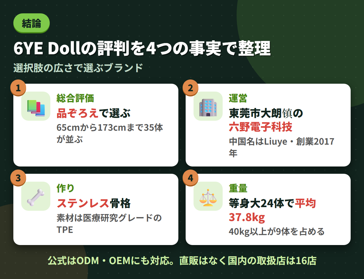 6YE Dollの総合評価・東莞市の運営会社・ステンレス骨格・等身大24体平均37.8kgという4つの事実を並べた結論まとめ図