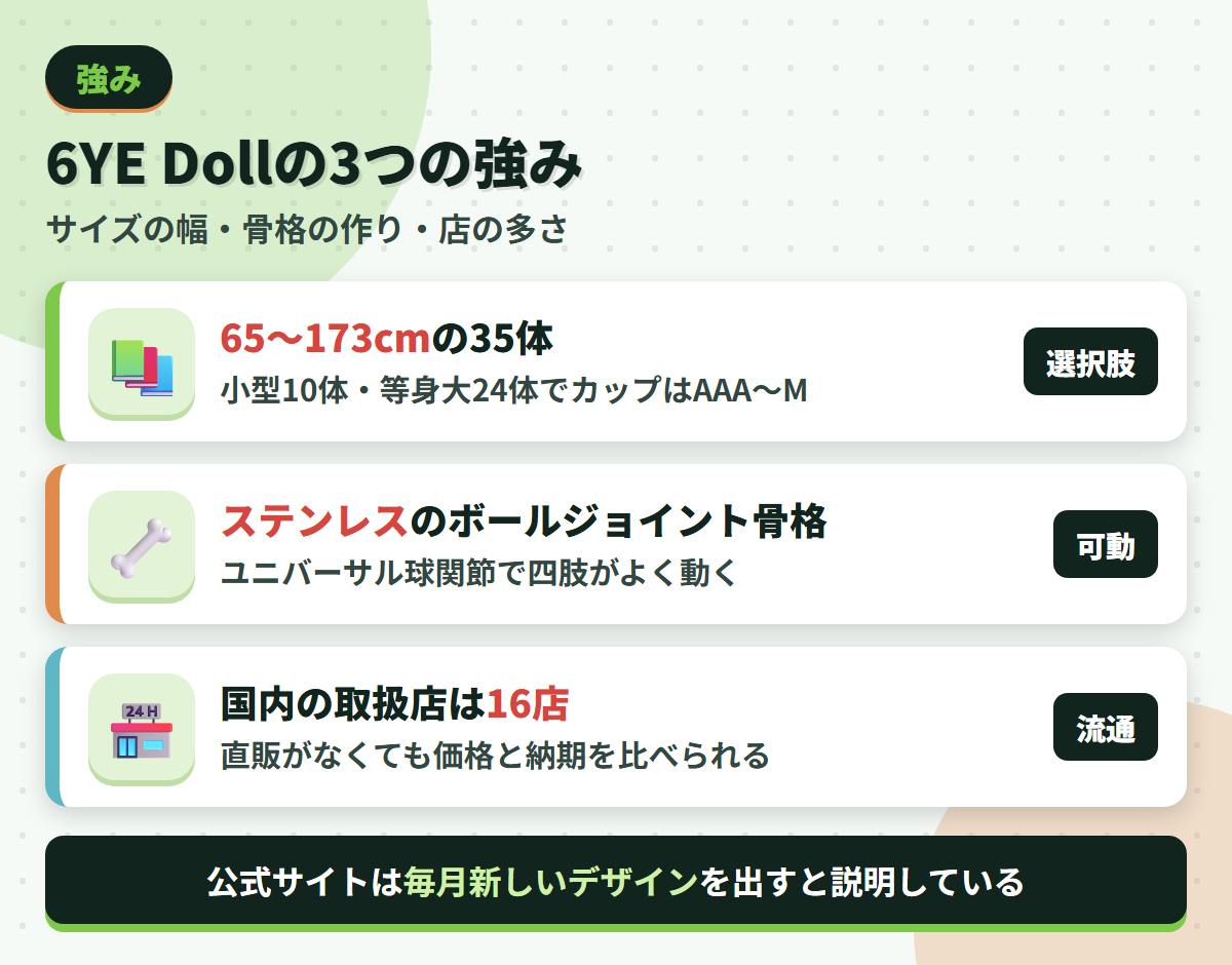 6YE Dollの強みである65〜173cmの35体・ステンレス製ボールジョイント骨格・取扱店16店を並べた図解