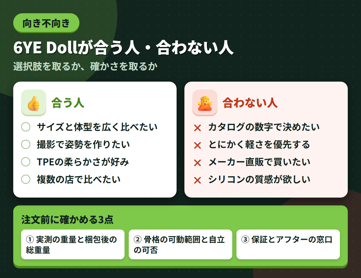 6YE Dollが合う人と合わない人の条件を左右に対比し、注文前に確かめる3点を添えた図解