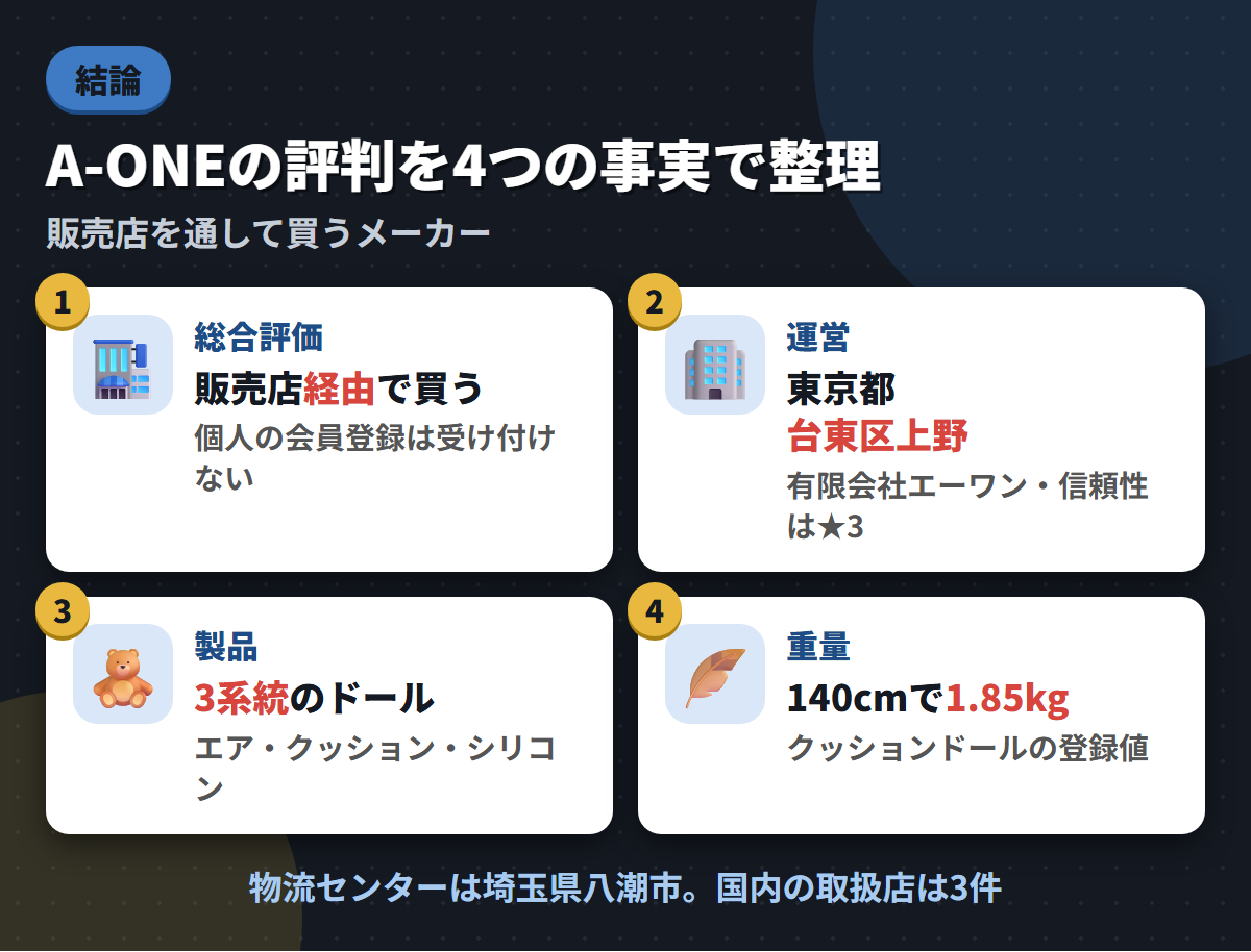 A-ONEの総合評価・台東区上野の運営会社・3系統の製品・140cm1.85kgという4つの事実を並べた結論まとめ図