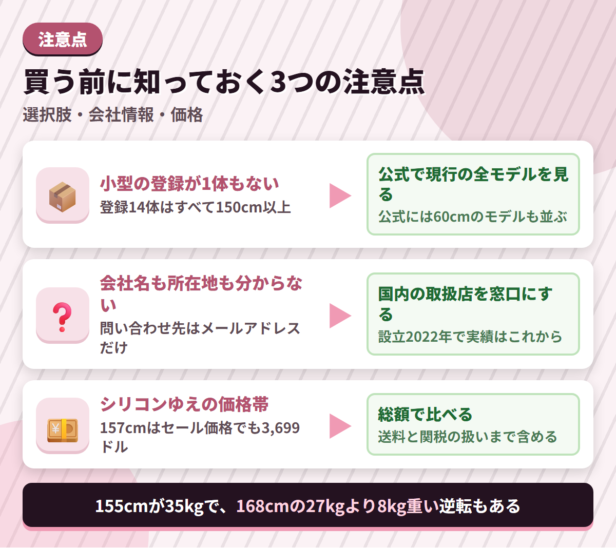 Angel Kissの注意点である小型の欠如・会社情報の未公開・シリコンゆえの価格帯と、その対策を並べた図解