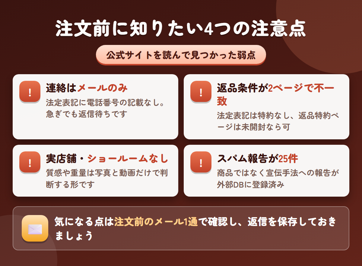 AngelDollの連絡手段・返品条件の不一致・ショールームなし・スパム報告25件という4つの注意点を並べた図解