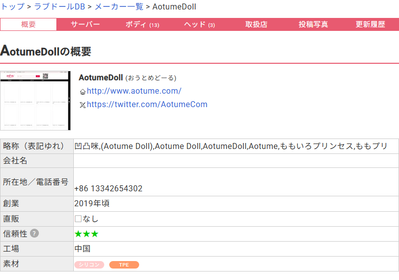 ラブドールDBに登録されたAotumeDollのプロフィール。会社名と所在地の欄が空欄のままになっている