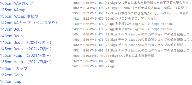 ラブドールDBに登録されたAotumeDollのボディ13体の一覧。155cm25.9kgから162cm29kgまでの身長と重量が並ぶ