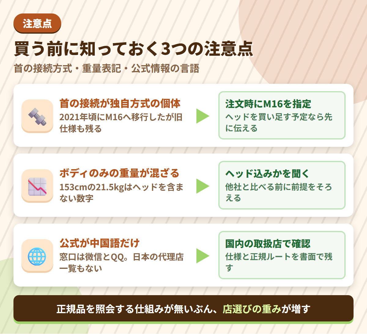 Art Dollの注意点である首の接続方式・ボディのみの重量表記・中国語だけの公式情報と、その対策を並べた図解
