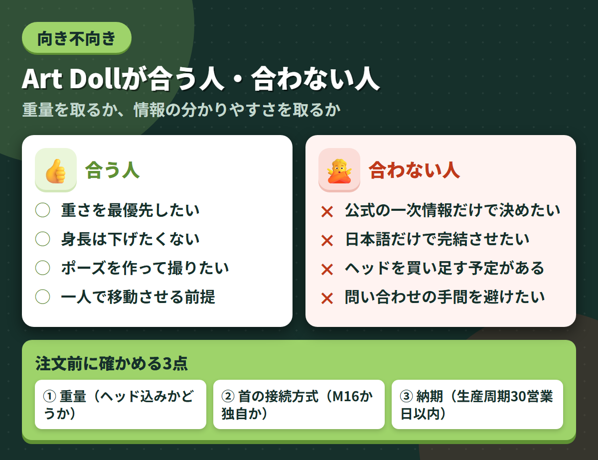 Art Dollが合う人と合わない人の条件を左右に対比し、注文前に確かめる3点を添えた図解