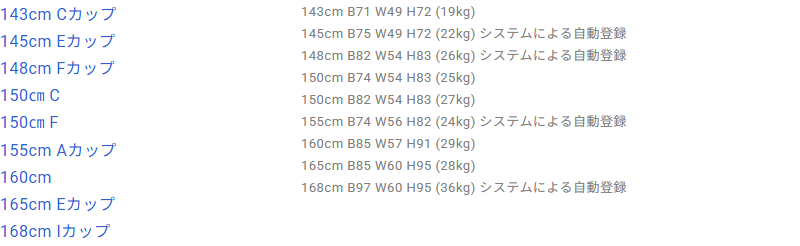 ラブドールDBに登録されたBB Dollのボディ9体の一覧。143cm19kgから168cm36kgまでの身長と重量が並ぶ