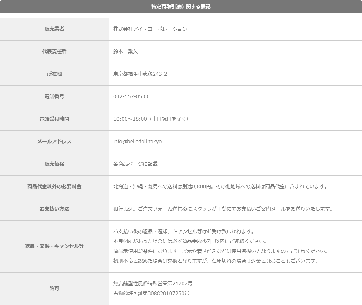 ベルドール東京の特定商取引法に関する表記。販売業者名と所在地、許可番号の記載