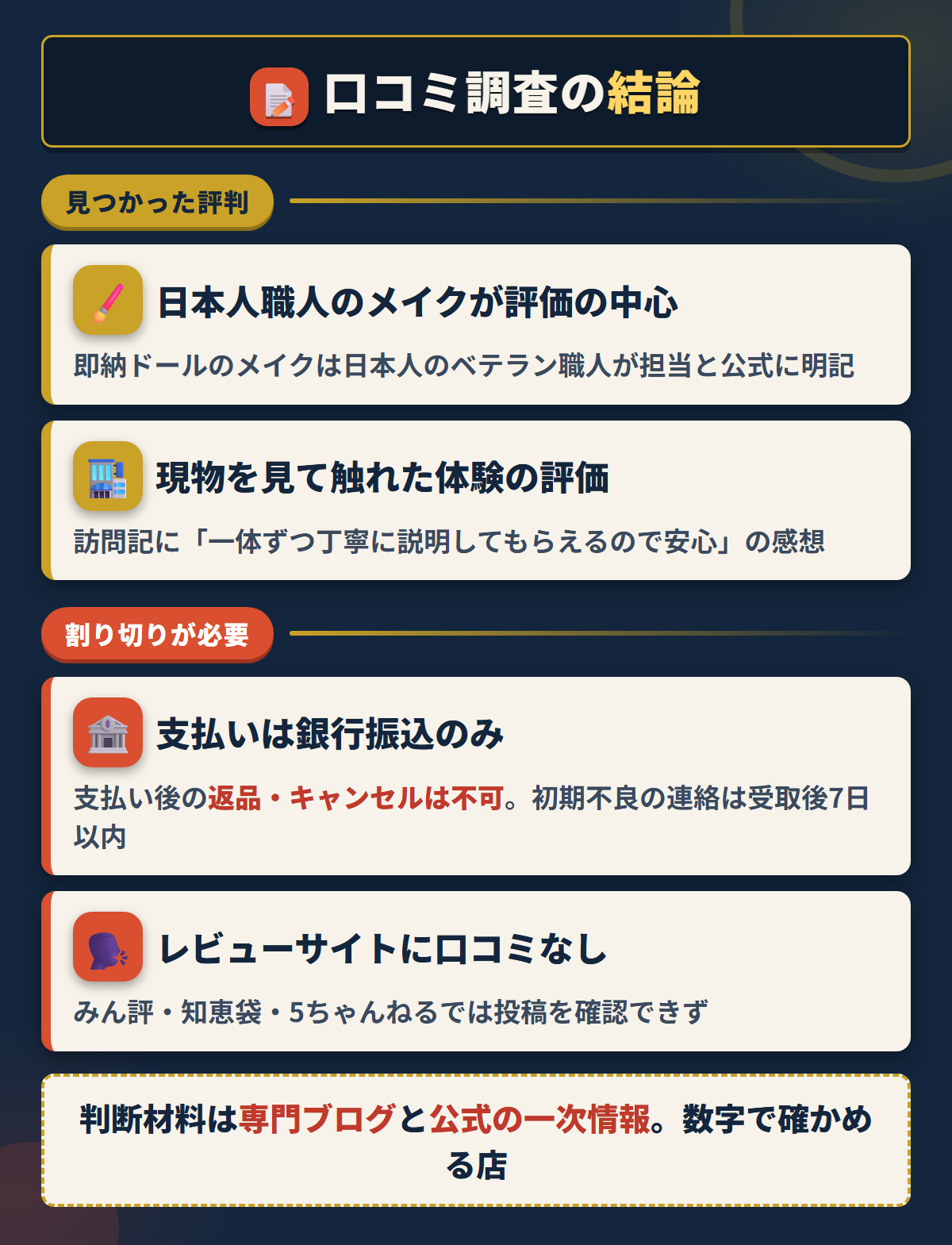 ベルドール東京の口コミ調査の結論。職人メイクの評価と銀行振込のみという条件をまとめた図