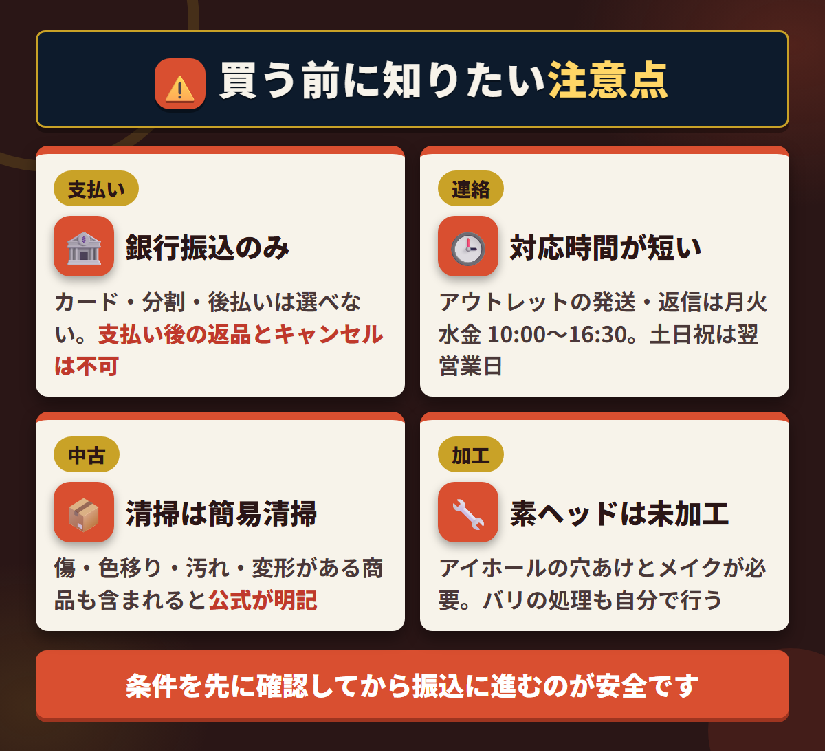 ベルドール東京で購入する前の注意点。銀行振込のみ、対応時間、簡易清掃、素ヘッドの加工