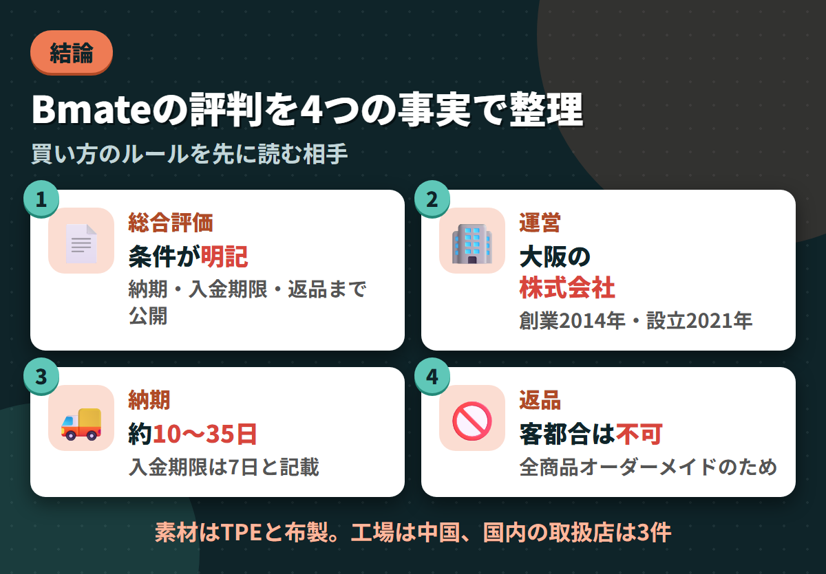 Bmateの総合評価・大阪の運営会社・納期10〜35日・客都合キャンセル不可という4つの事実を並べた結論まとめ図