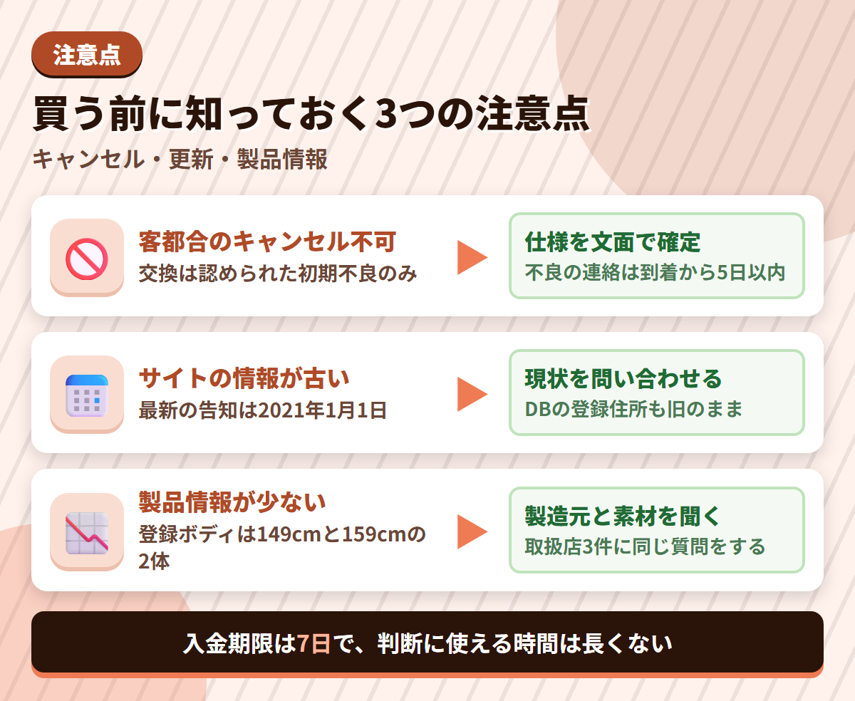 Bmateの注意点である客都合キャンセル不可・サイト情報の古さ・製品情報の少なさと、その対策を並べた図解