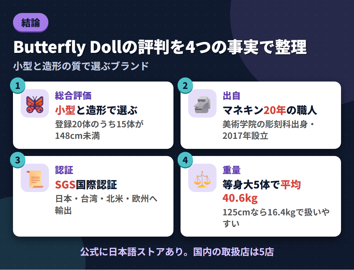 Butterfly Dollの総合評価・マネキン職人という出自・SGS国際認証・等身大5体平均40.6kgという4つの事実を並べた結論まとめ図