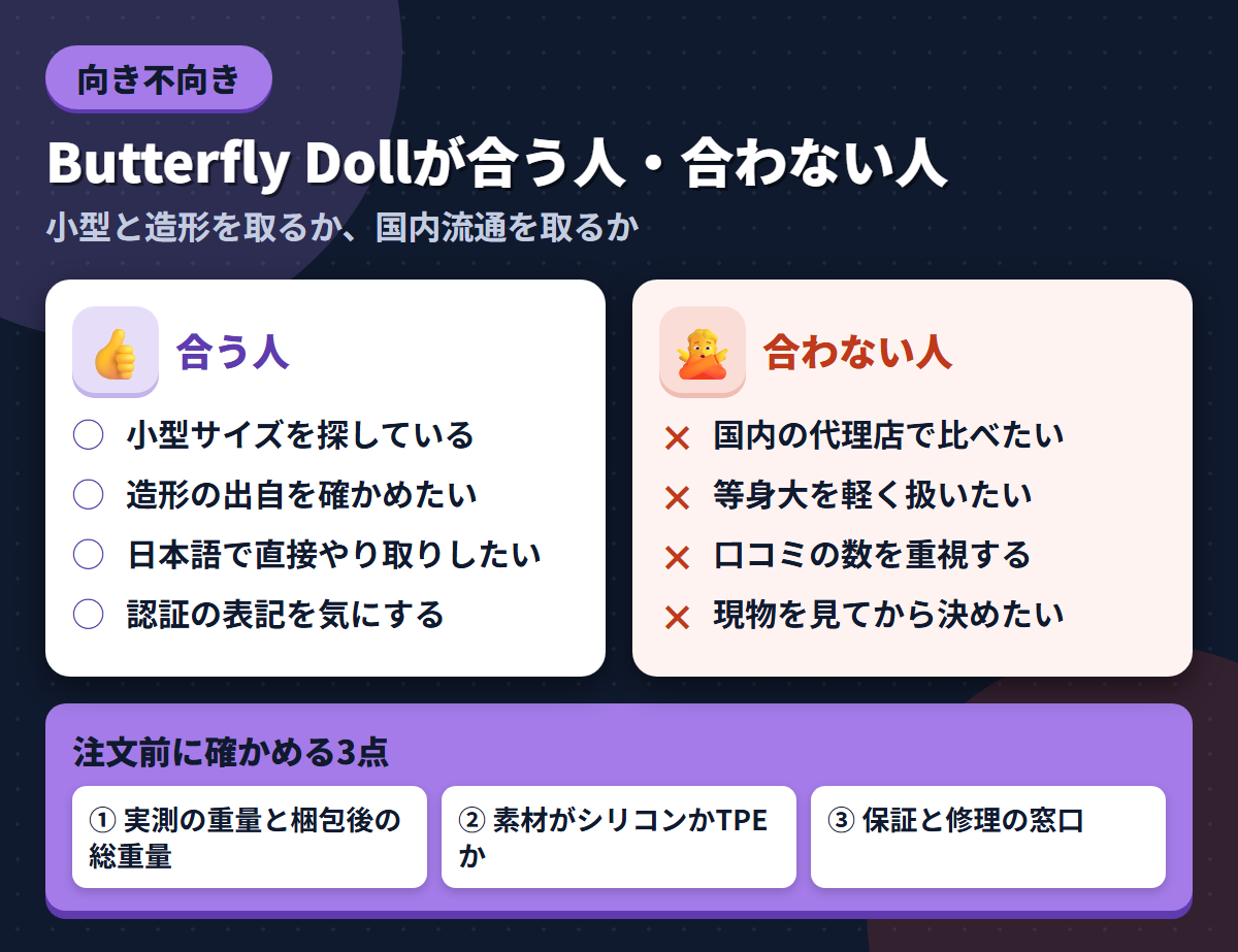 Butterfly Dollが合う人と合わない人の条件を左右に対比し、注文前に確かめる3点を添えた図解