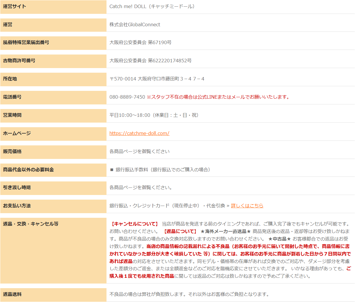 キャッチミードールの特定商取引法に基づく表示で運営会社と古物商許可番号と風俗特殊営業届出番号が確認できる表