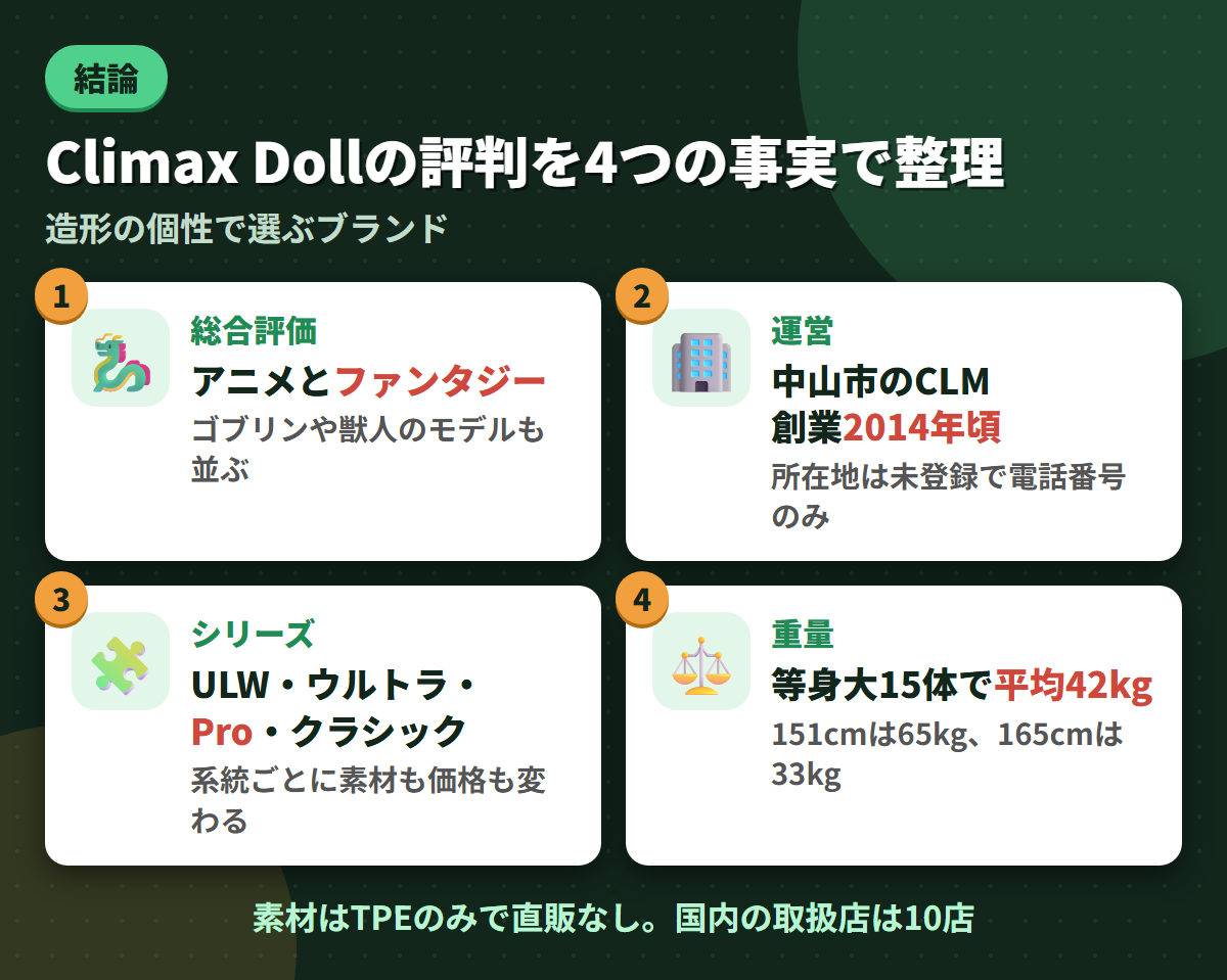 Climax Dollの総合評価・中山市の運営会社・4系統のシリーズ・等身大15体平均42kgという4つの事実を並べた結論まとめ図