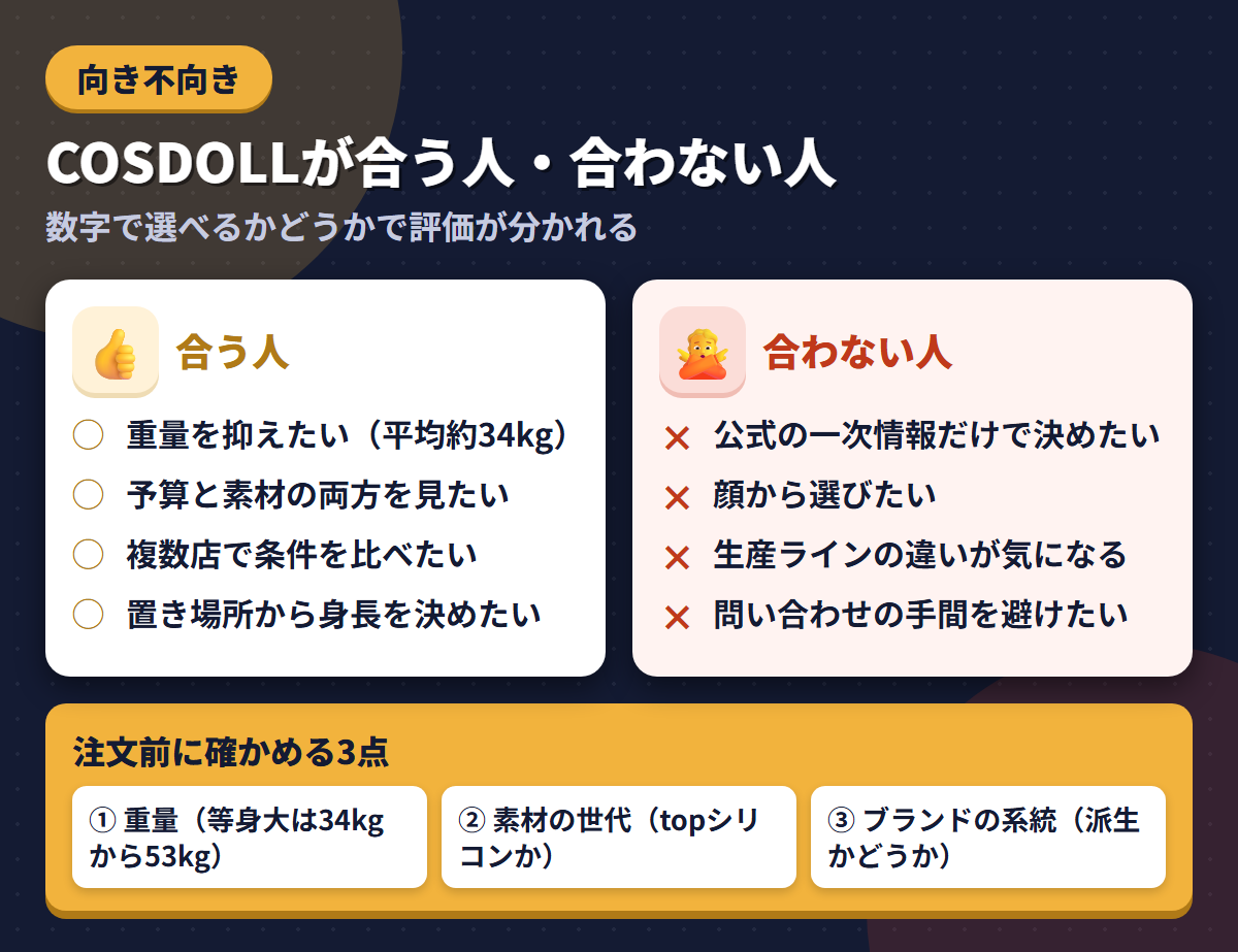 COSDOLLが合う人と合わない人の条件を左右に対比し、注文前に確かめる3点を添えた図解