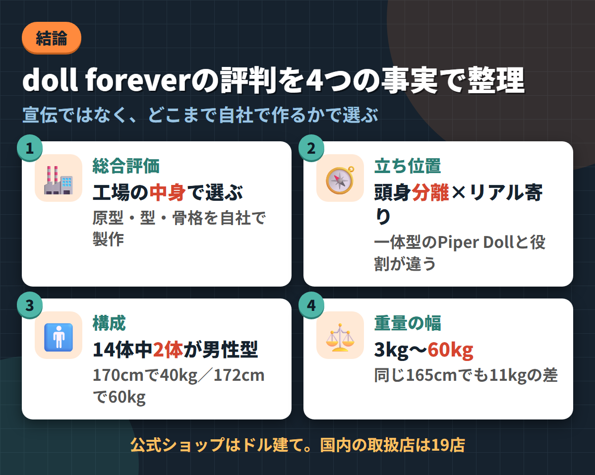 doll foreverの総合評価・頭身分離という立ち位置・14体中2体が男性型・3kgから60kgという重量幅を並べた結論まとめ図
