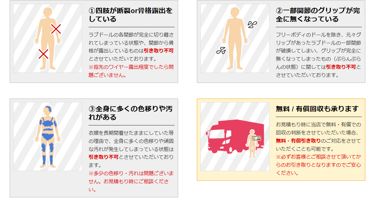 ドールタウンで買い取りも引き取りもできない四肢の断裂やグリップ欠落や全身の色移りの3事例