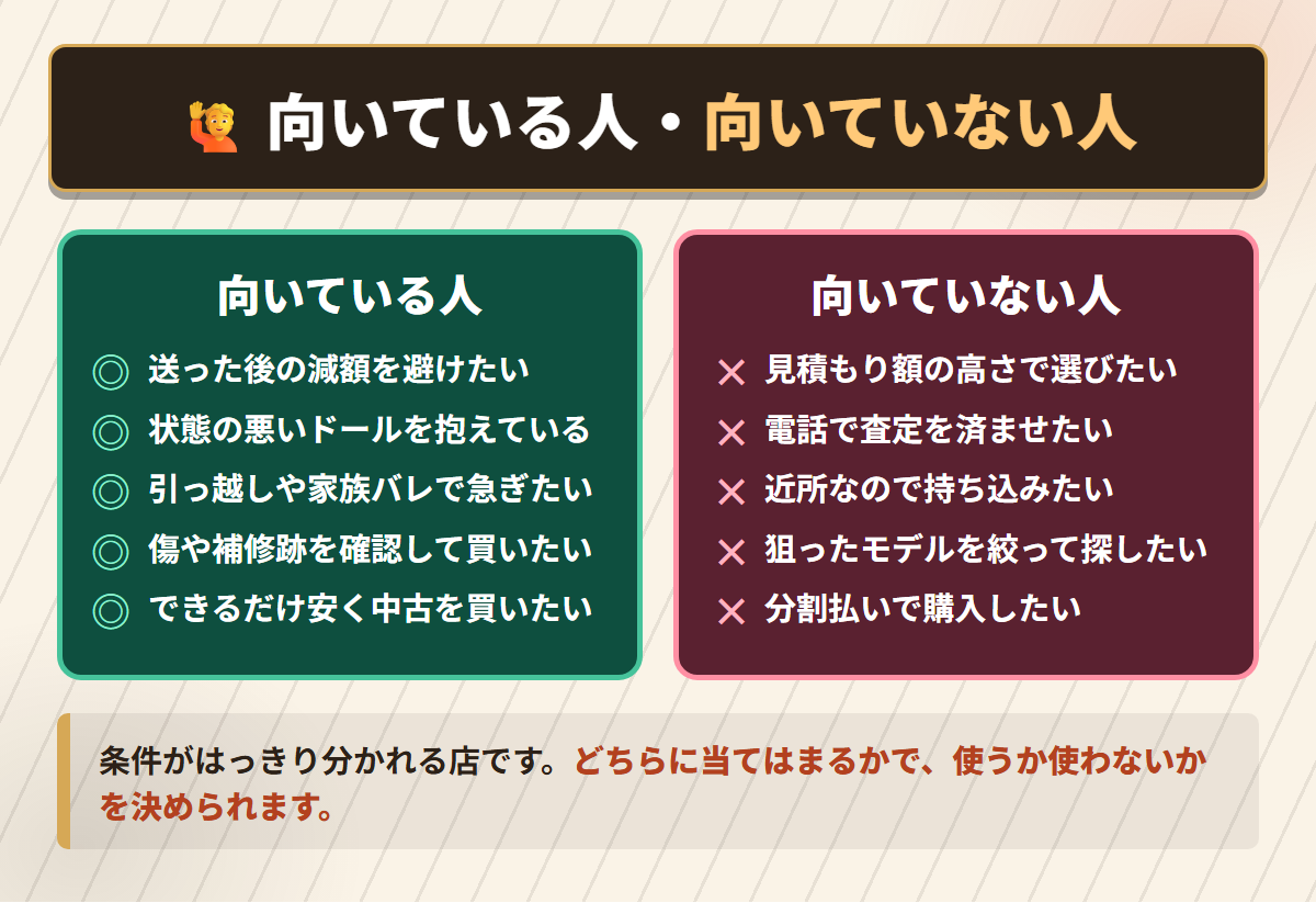 ドールタウンが向いている人と向いていない人の条件を左右に対比したチェック図