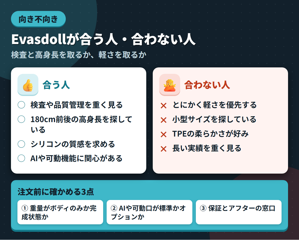 Evasdollが合う人と合わない人の条件を左右に対比し、注文前に確かめる3点を添えた図解