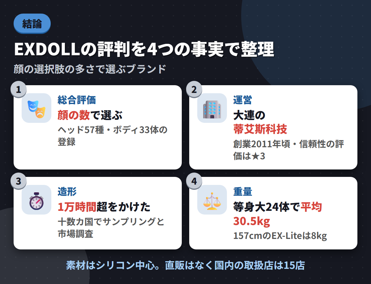 EXDOLLの総合評価・大連の運営会社・1万時間超の造形・等身大24体平均30.5kgという4つの事実を並べた結論まとめ図