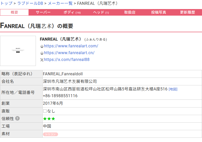 ラブドールDBに登録されたFANREALのプロフィール。会社名は深圳市凡瑞艺术发展有限公司、所在地は深圳市南山区と記載されている