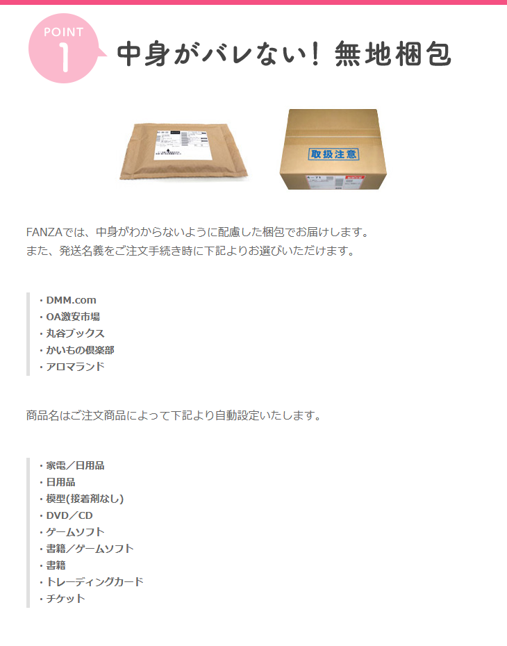 FANZA通販の梱包配送ページで発送名義5種類と伝票の商品名の候補が並ぶ説明