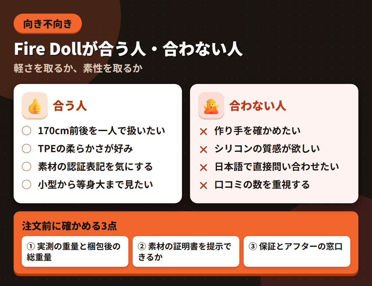 Fire Dollが合う人と合わない人の条件を左右に対比し、注文前に確かめる3点を添えた図解