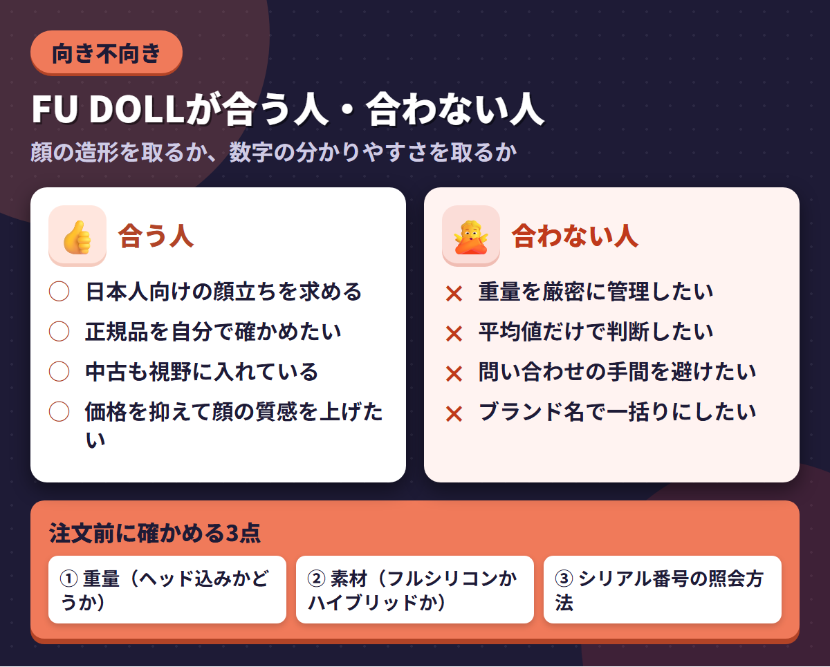 FU DOLLが合う人と合わない人の条件を左右に対比し、注文前に確かめる3点を添えた図解