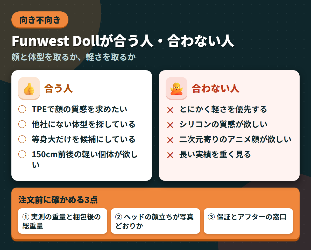 Funwest Dollが合う人と合わない人の条件を左右に対比し、注文前に確かめる3点を添えた図解