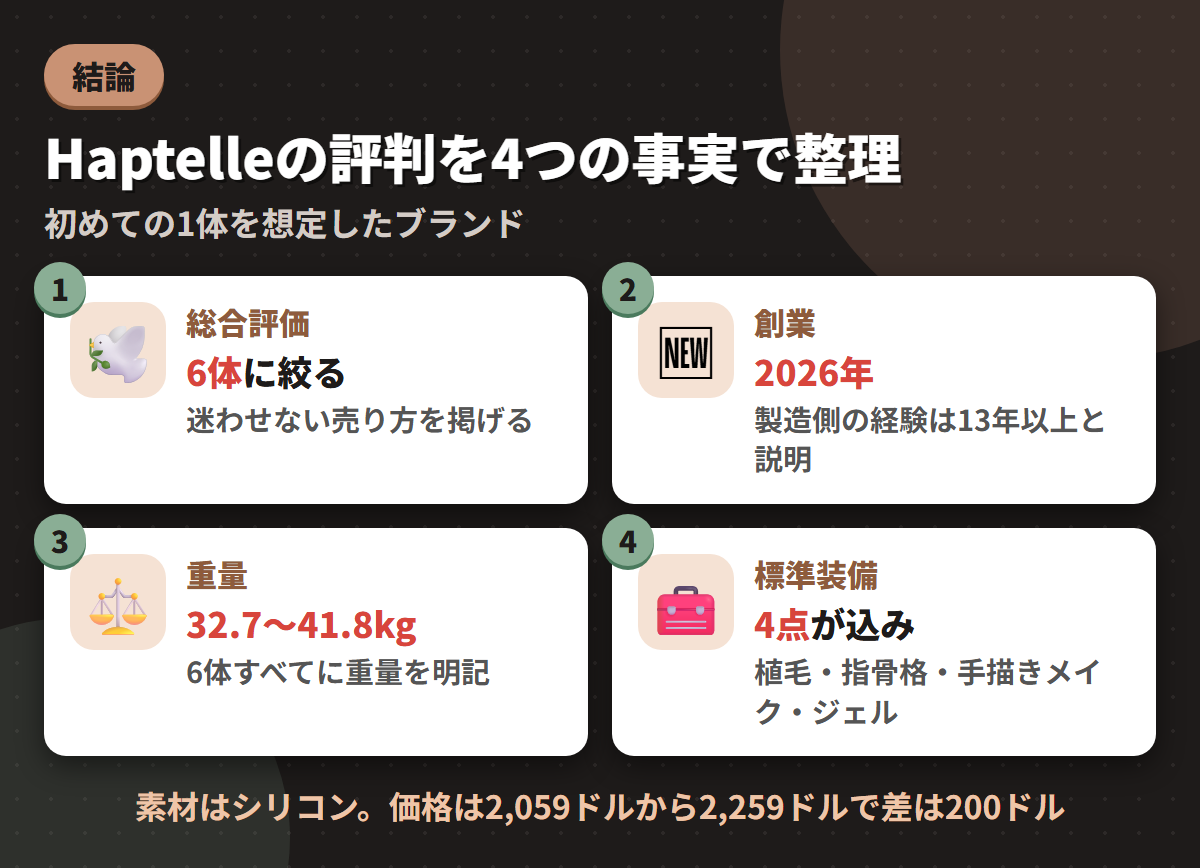 Haptelleの6体への絞り込み・2026年創業・重量32.7〜41.8kg・4点の標準装備という4つの事実を並べた結論まとめ図