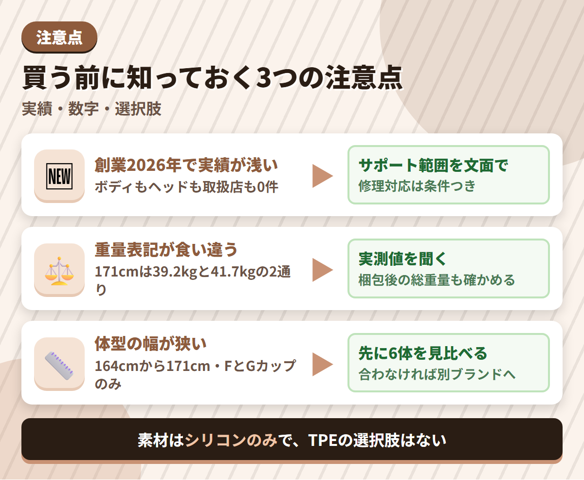 Haptelleの注意点である実績の浅さ・重量表記の食い違い・体型の幅の狭さと、その対策を並べた図解