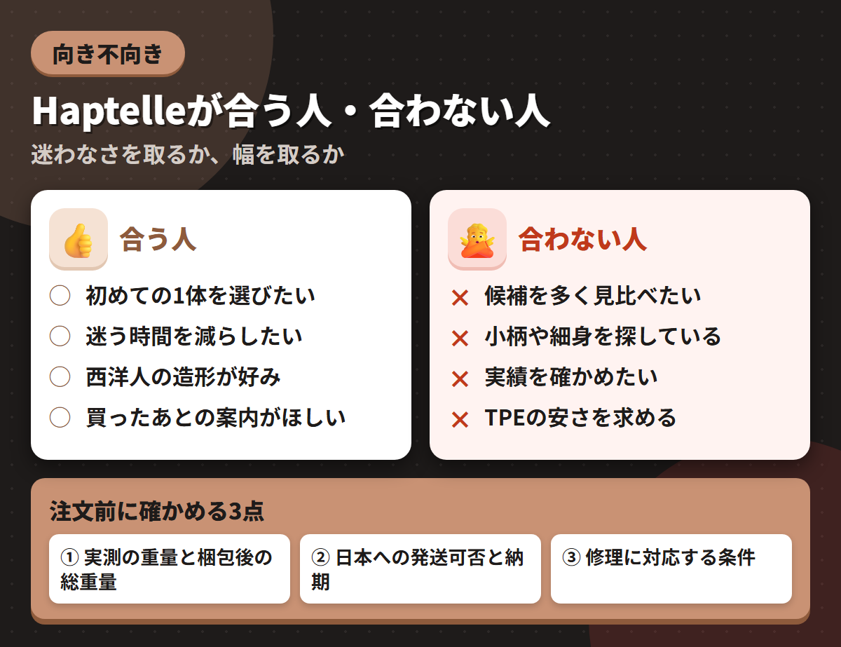 Haptelleが合う人と合わない人の条件を左右に対比し、注文前に確かめる3点を添えた図解
