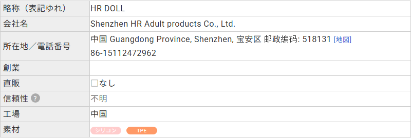 ラブドールDBに登録されたHR DOLLのプロフィール。会社名はShenzhen HR Adult products Co., Ltd.、所在地は広東省深圳市宝安区、創業は空欄と記載されている