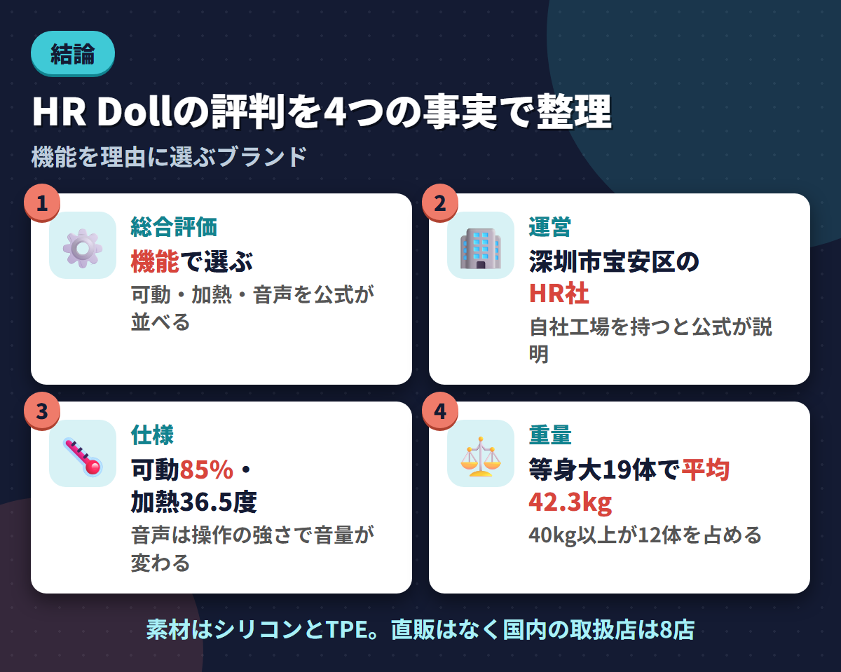 HR Dollの総合評価・深圳の運営会社・可動85%と36.5度加熱・等身大19体平均42.3kgという4つの事実を並べた結論まとめ図