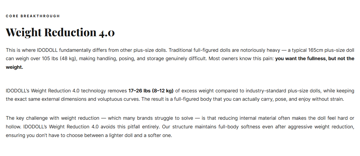 IDO Dollの公式サイトの技術説明ページ。Weight Reduction 4.0によって業界標準より8〜12kg軽くしていることと、プラチナシリコンを標準素材とすることが英文で記載されている