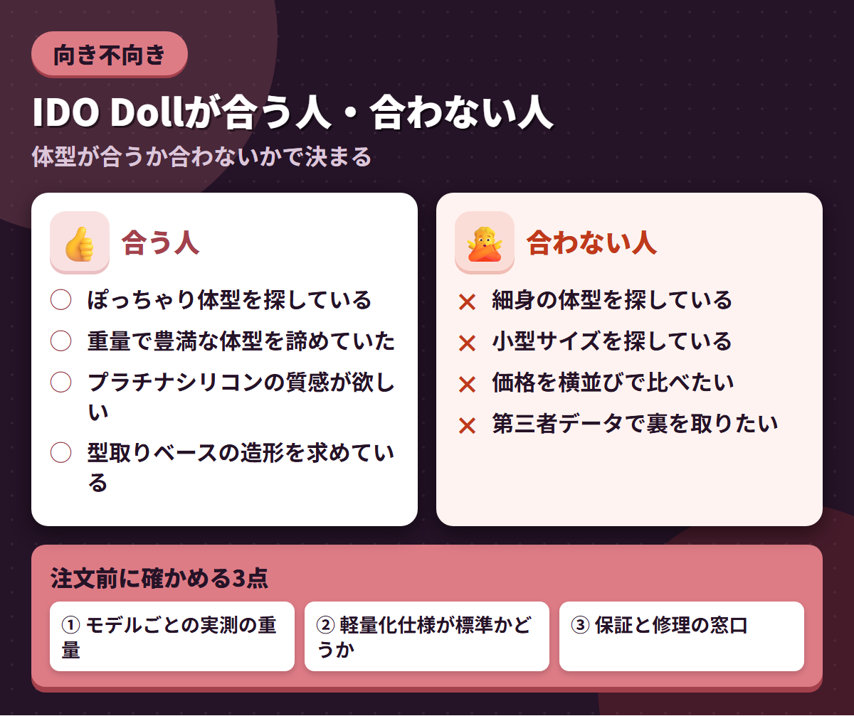 IDO Dollが合う人と合わない人の条件を左右に対比し、注文前に確かめる3点を添えた図解