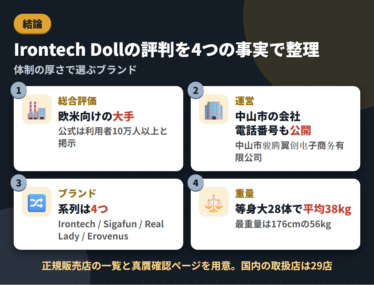Irontech Dollの総合評価・中山市の運営会社・4ブランド体制・等身大28体平均38kgという4つの事実を並べた結論まとめ図