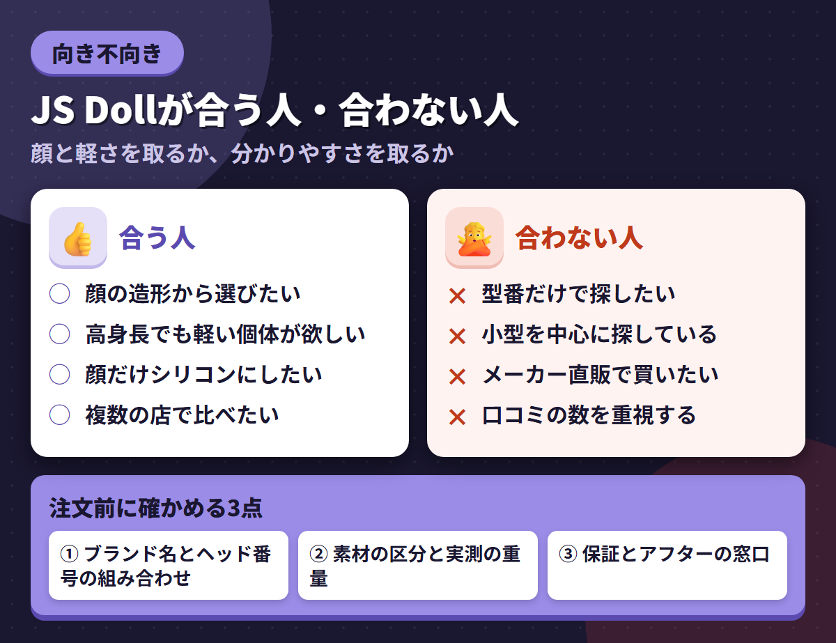 JS Dollが合う人と合わない人の条件を左右に対比し、注文前に確かめる3点を添えた図解