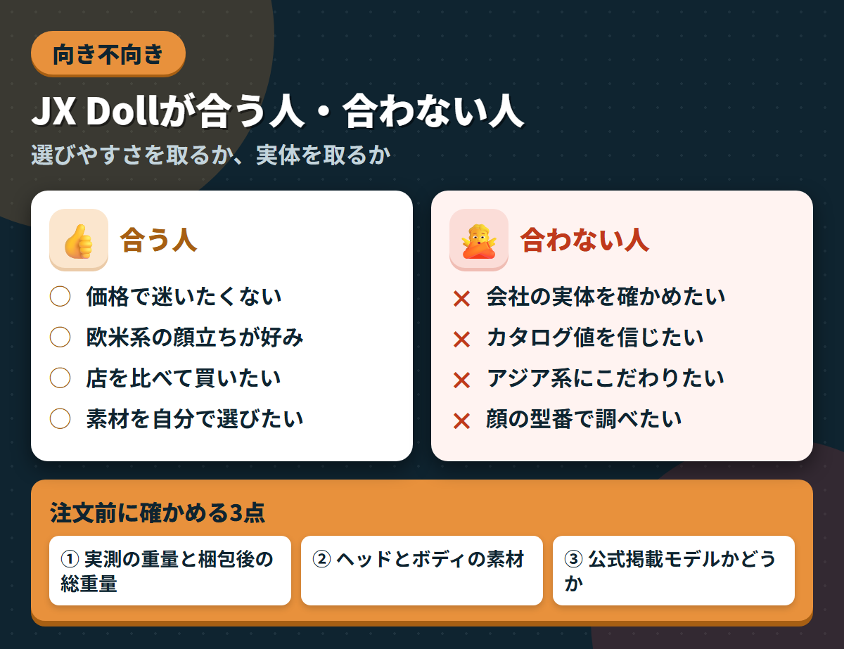 JX Dollが合う人と合わない人の条件を左右に対比し、注文前に確かめる3点を添えた図解