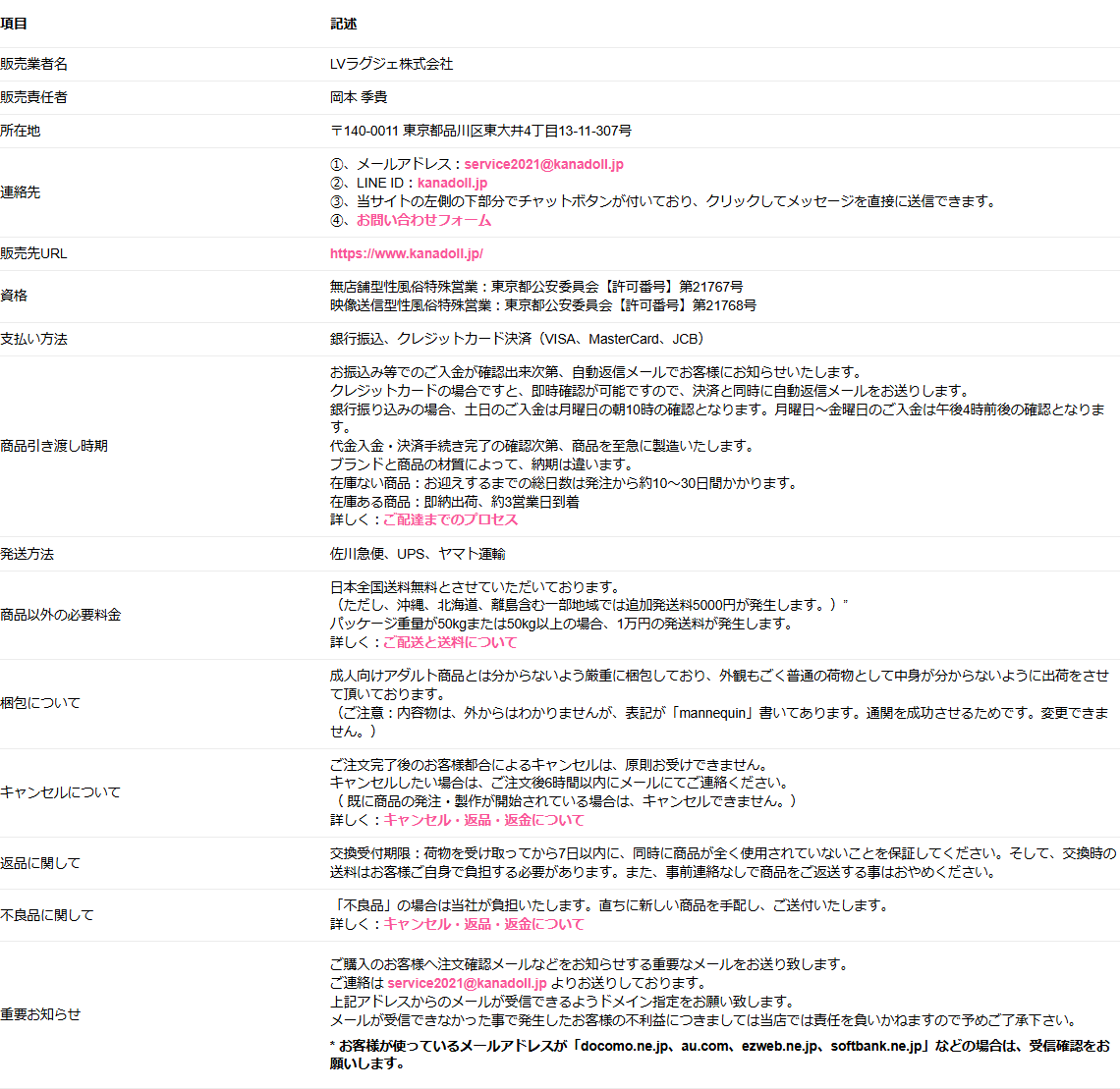 Kanadollの特定商取引法に基づく表記。支払い方法・引き渡し時期・キャンセル・返品の条件が並ぶ