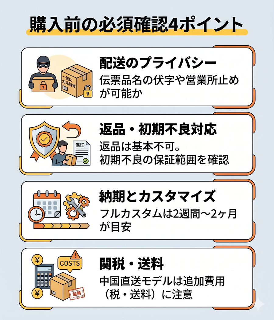 購入前に確認すべき4つの注意点。配送プライバシー、初期不良対応、納期、関税と送料について図解