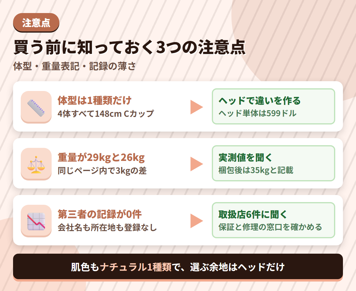 Momedollの注意点である体型1種類・重量表記の食い違い・第三者記録の不足と、その対策を並べた図解