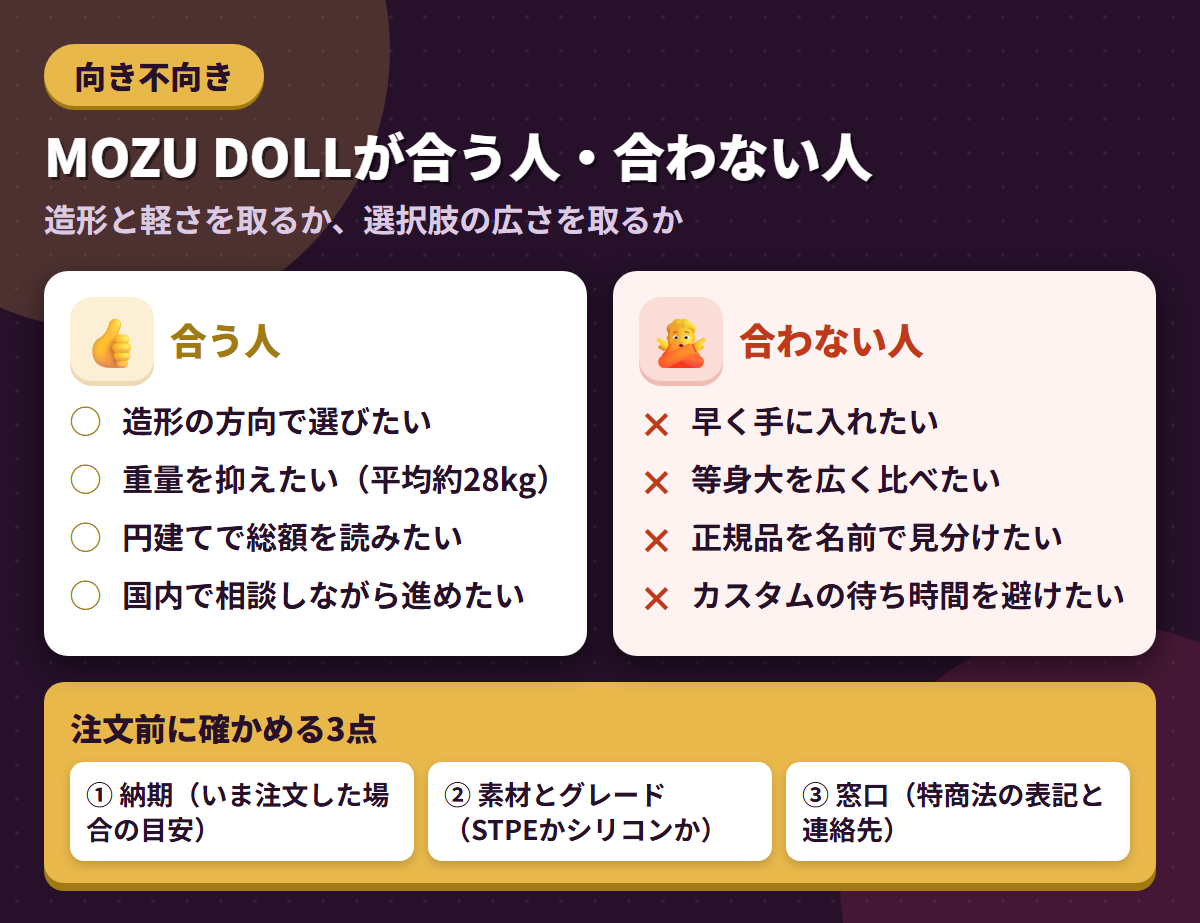 MOZU DOLLが合う人と合わない人の条件を左右に対比し、注文前に確かめる3点を添えた図解