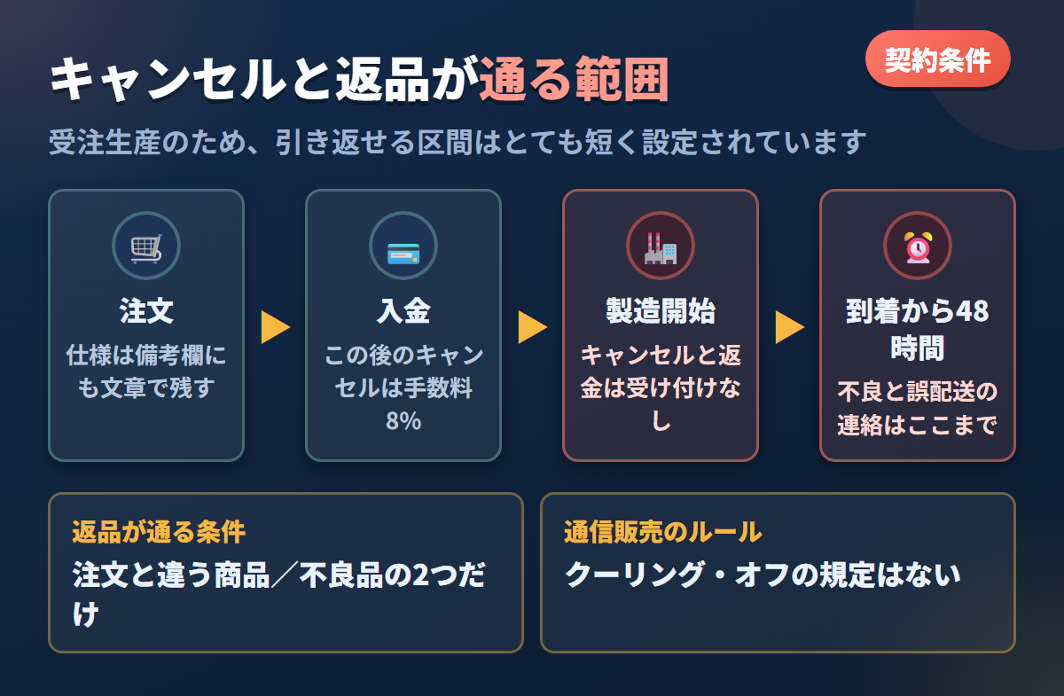OLDOLLの注文から到着48時間までのキャンセルと返品が通る範囲を時系列で示した図解