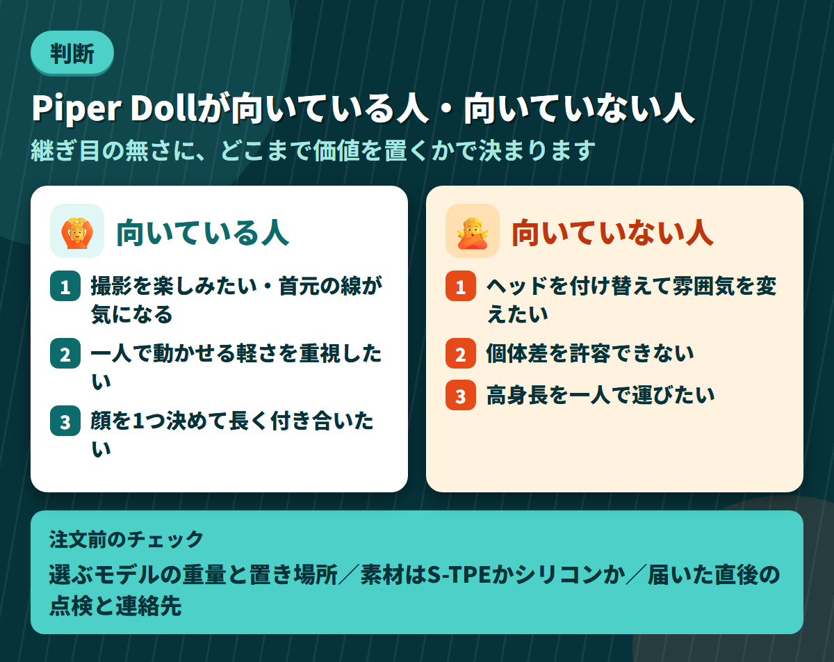 Piper Dollが向いている人と向いていない人の条件を左右に対比し、注文前のチェック3点を添えた図解